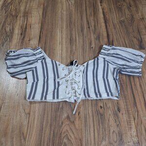 Forever 21 Milkmaiden Boho Lace up puff sleeve striped blue white Top size Mediu